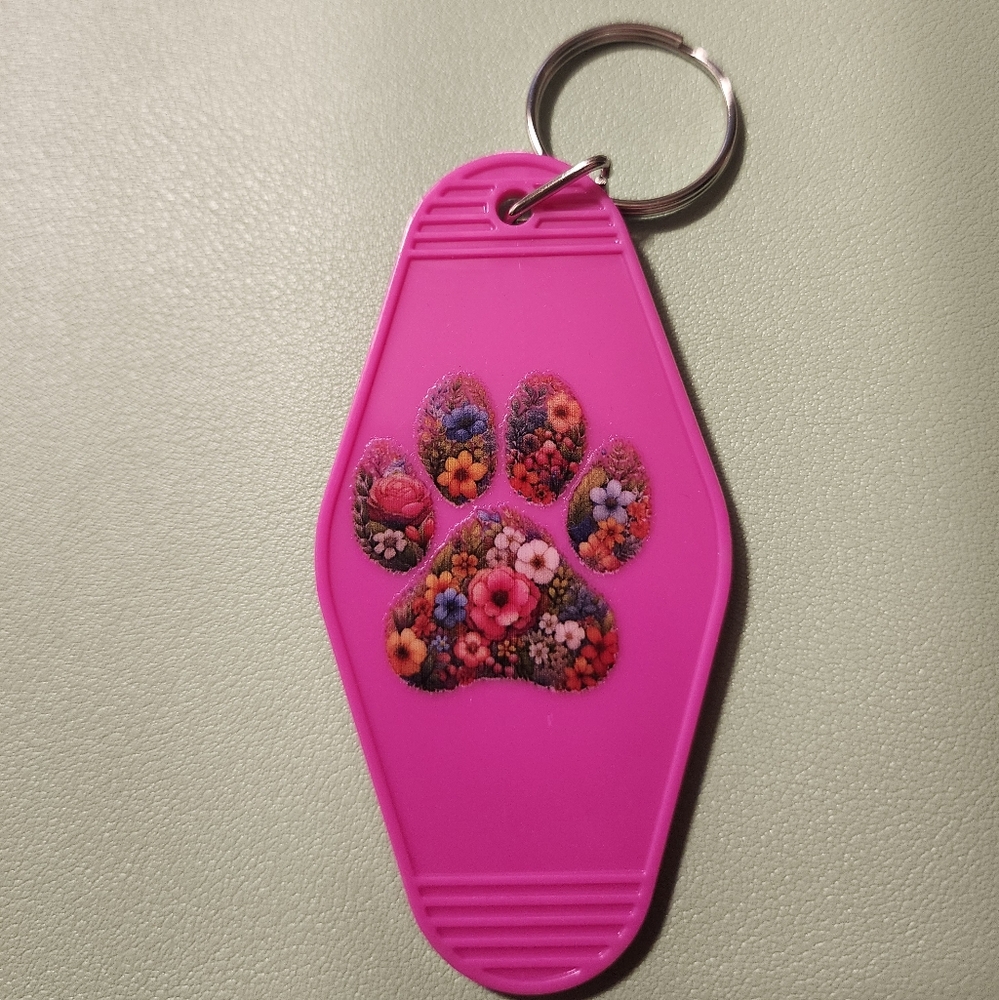 Pink Floral Paw Print Keychain